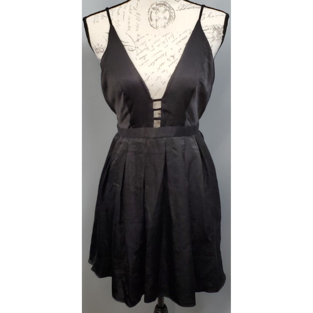 Free People Fit & Flare Dress Womens 2 Solid Black Plunge V-Neck Party Cocktail